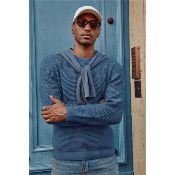Mens Crewneck Pullover Sweater Waffle Textured Long Sleeve - Picture 5 of 5